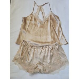 In Bloom by Jonquil  Beige Satin Pajama Lounge Cami Shorts Set Lace Sz L